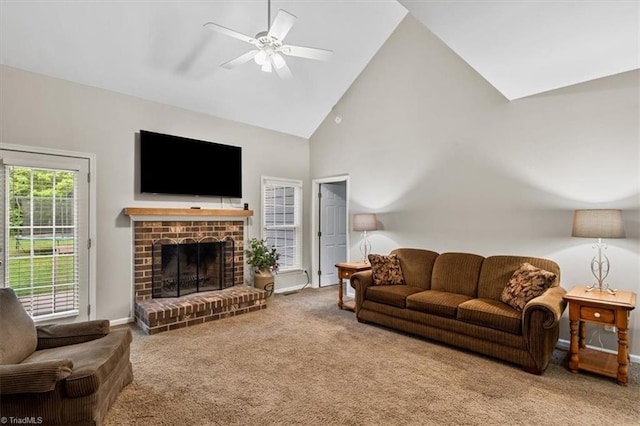 carpeted living area featuring baseboards, a ceiling fan, a brick fireplace, and high vaulted ceiling