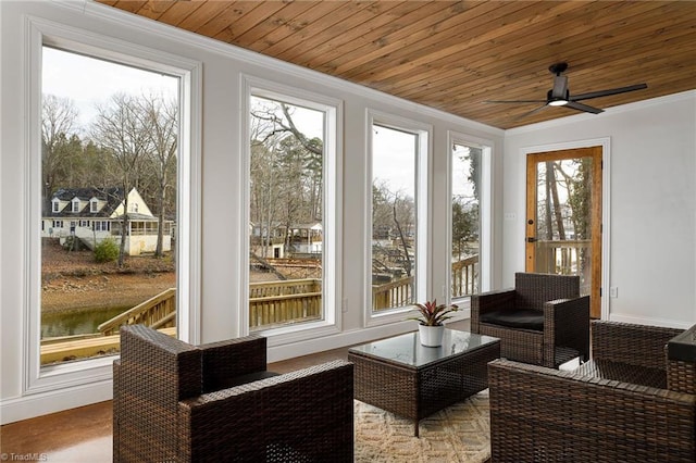 sunroom with a water view, ceiling fan, and wooden ceiling