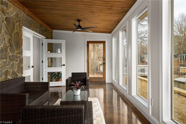 sunroom / solarium featuring ceiling fan and wooden ceiling