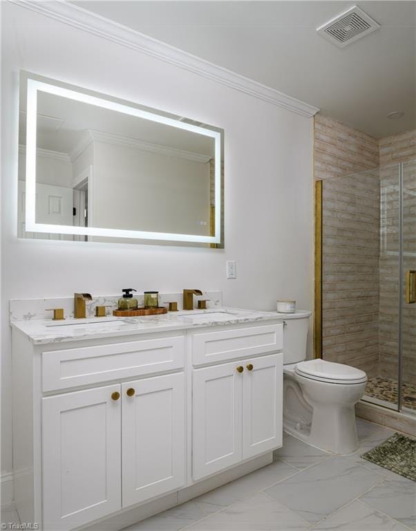 bathroom with ornamental molding, toilet, vanity, and walk in shower