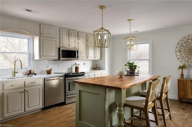 kitchen with butcher block countertops, crown molding, sink, appliances with stainless steel finishes, and a center island