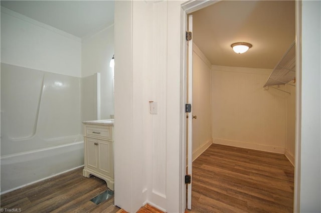 bathroom featuring vanity and wood-type flooring