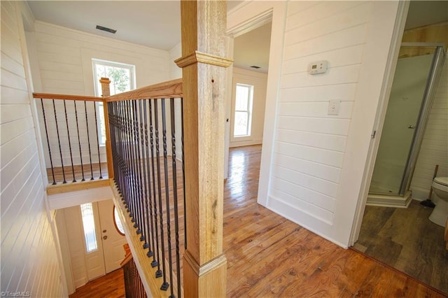 stairway with wooden walls, hardwood / wood-style flooring, and a healthy amount of sunlight