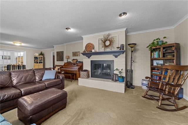 1805 Guilford College Rd, Jamestown, NC 27282 - carpeted living area with ornamental molding, a fireplace, a textured ceiling, and brick wall