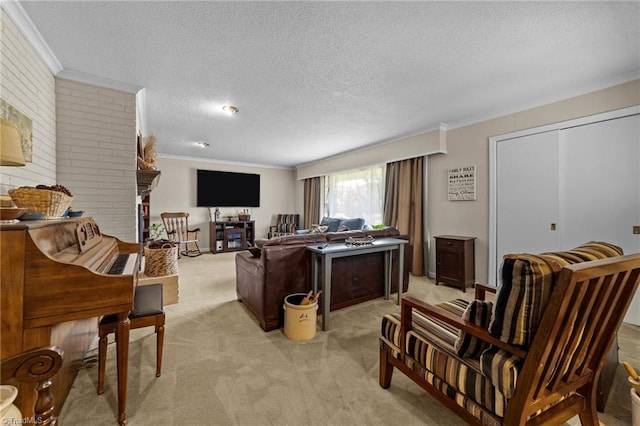 1805 Guilford College Rd, Jamestown, NC 27282 - living area with ornamental molding, light carpet, and a textured ceiling