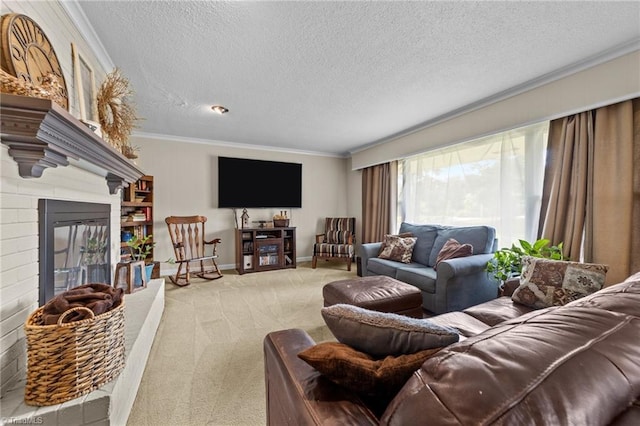 1805 Guilford College Rd, Jamestown, NC 27282 - living area with carpet flooring, ornamental molding, a fireplace, a textured ceiling, and baseboards