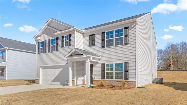 view of front of home featuring an attached garage, cooling unit, brick siding, driveway, and a front lawn