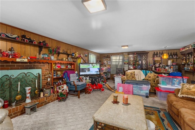 6115 Winview Heights St, Clemmons, NC 27012 - living room with carpet flooring and wood walls