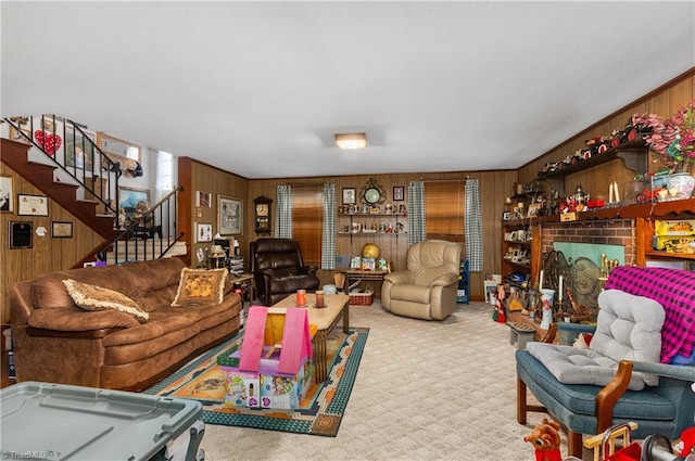 6115 Winview Heights St, Clemmons, NC 27012 - living room featuring wooden walls, carpet, and stairway