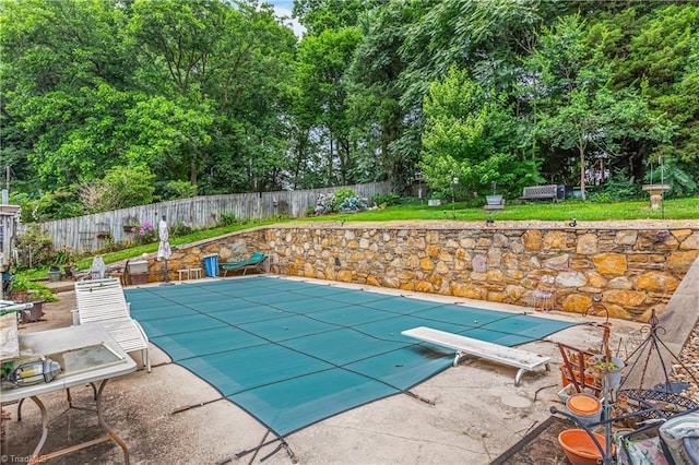 6115 Winview Heights St, Clemmons, NC 27012 - view of pool featuring a fenced backyard, a patio area, a diving board, and view of scattered trees