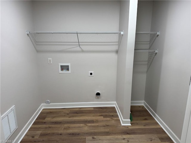 2322 Fernwood Dr, Greensboro, NC 27408 - clothes washing area featuring electric dryer hookup, hookup for a washing machine, wood finished floors, and baseboards