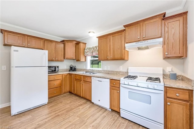 78 Arnies Ln, Sparta, NC 28675 - kitchen featuring white appliances, under cabinet range hood, ornamental molding, light wood-type flooring, and light countertops