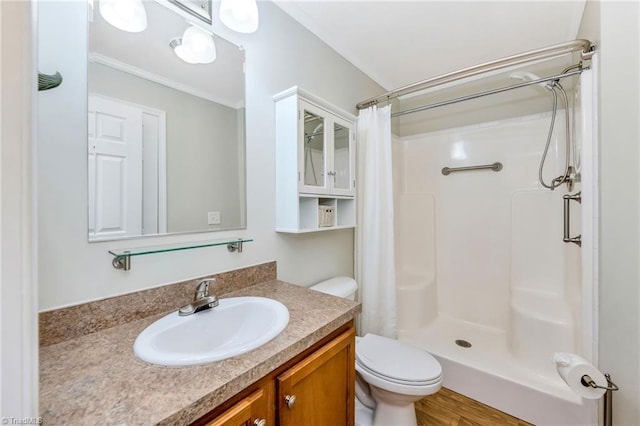 78 Arnies Ln, Sparta, NC 28675 - bathroom featuring toilet, vanity, a shower with shower curtain, and crown molding