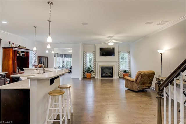 4116 Branch Point Ct, Pfafftown, NC 27040 - kitchen with a ceiling fan, ornamental molding, healthy amount of natural light, a kitchen bar, and dark wood finished floors
