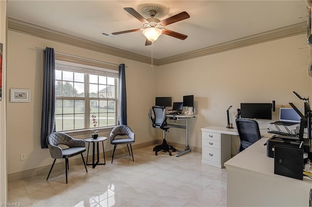 office space with visible vents, a ceiling fan, baseboards, and crown molding