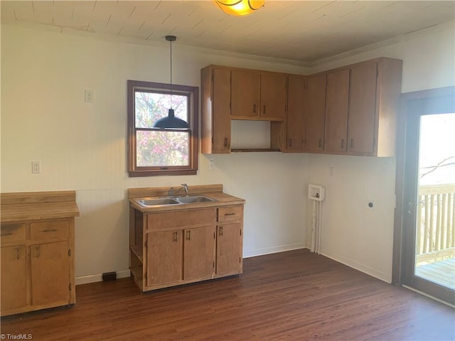 744 Caleb St, Eden, NC 27288 - kitchen with a sink, dark wood finished floors, hanging light fixtures, baseboards, and ornamental molding