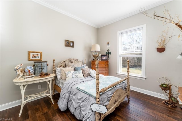 bedroom featuring wood-type flooring, baseboards, and ornamental molding