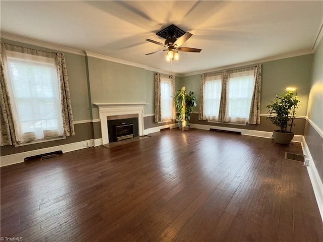 216 Rawley Ave, Mount Airy, NC 27030 - unfurnished living room with ceiling fan, hardwood / wood-style floors, baseboards, a fireplace with flush hearth, and crown molding