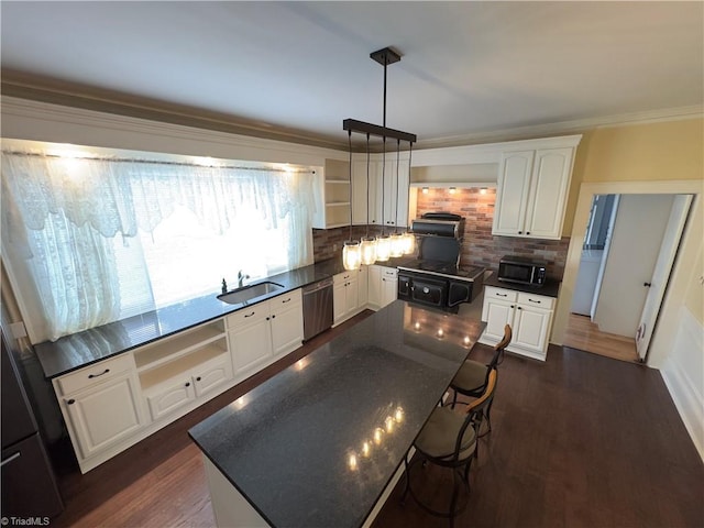 216 Rawley Ave, Mount Airy, NC 27030 - kitchen featuring a sink, dishwasher, black microwave, ornamental molding, and white cabinets