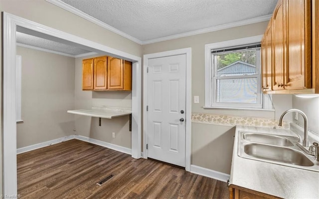 washroom featuring visible vents, a sink, dark wood-type flooring, baseboards, and a textured ceiling