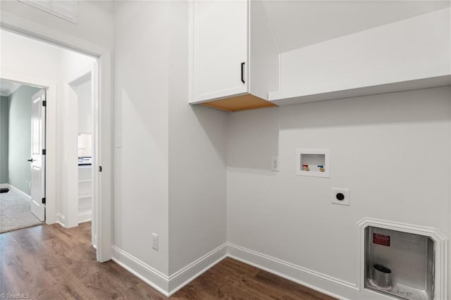 laundry area featuring hookup for a washing machine, hookup for an electric dryer, cabinet space, and dark wood-style floors