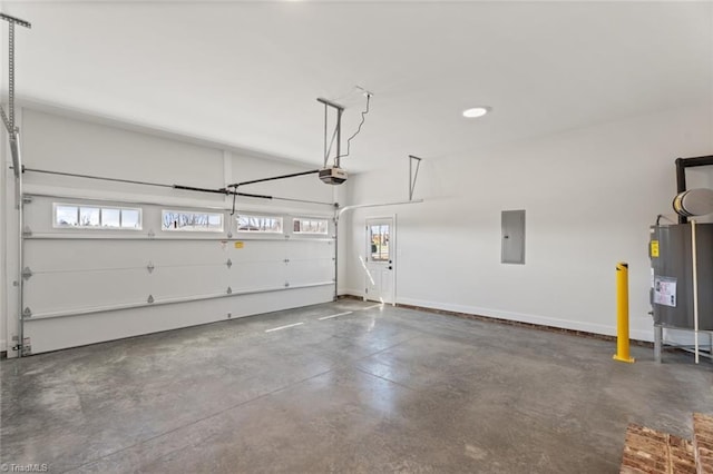 garage featuring electric panel, baseboards, and a garage door opener