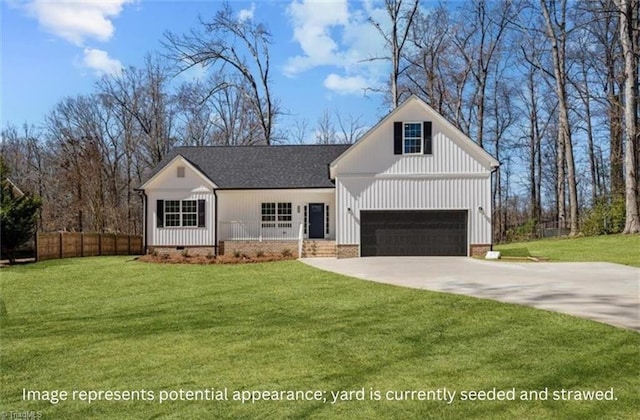 modern inspired farmhouse featuring a front yard, an attached garage, fence, and crawl space