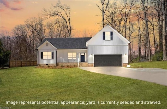 modern inspired farmhouse featuring fence, concrete driveway, crawl space, a lawn, and board and batten siding