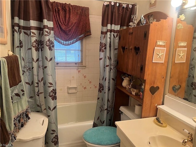 full bathroom featuring toilet, shower / tub combo, and vanity