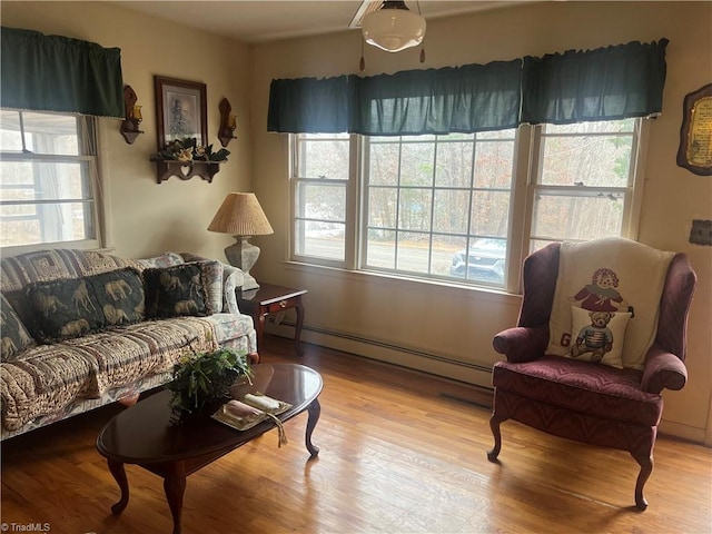 living room featuring a baseboard radiator and light hardwood / wood-style flooring