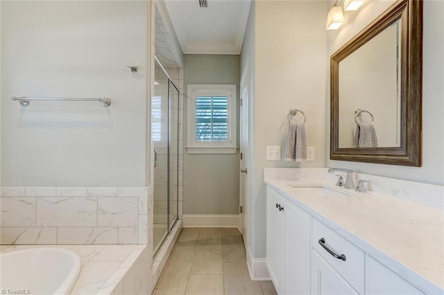 bathroom with crown molding, vanity, separate shower and tub, and tile patterned flooring