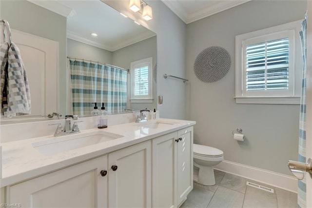 bathroom featuring toilet, ornamental molding, vanity, a shower with shower curtain, and tile patterned flooring