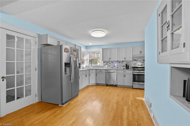 kitchen with appliances with stainless steel finishes, sink, gray cabinetry, decorative backsplash, and light wood-type flooring