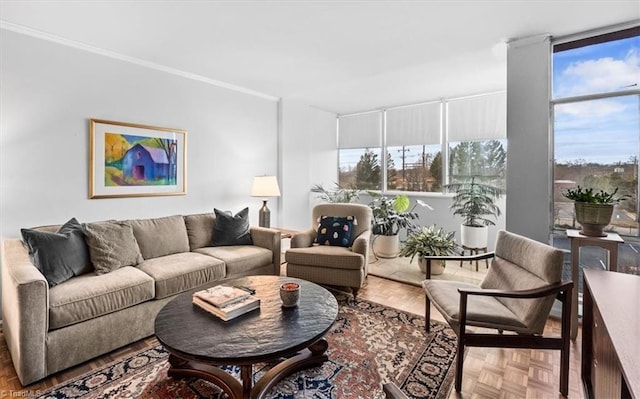 living room with parquet flooring