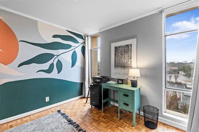 office area with parquet floors, a wall of windows, and ornamental molding