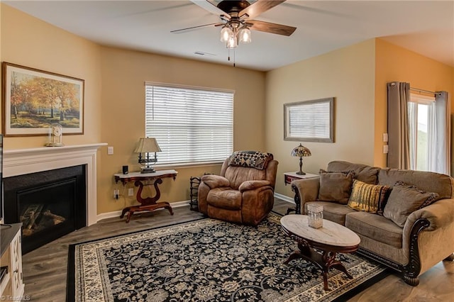 416 Bryson Blvd, Lexington, NC 27295 - living room with a ceiling fan, wood finished floors, and a fireplace