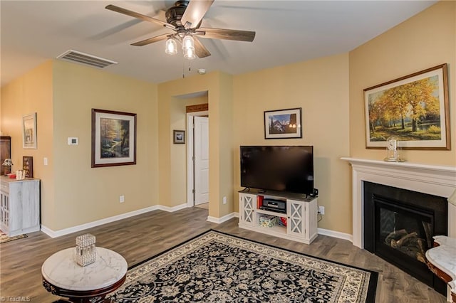 416 Bryson Blvd, Lexington, NC 27295 - living room with a ceiling fan, wood finished floors, and a glass covered fireplace