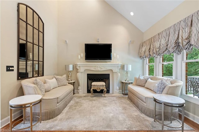 4607 Eden Bridge Dr, Kernersville, NC 27284 - living area with high vaulted ceiling, a fireplace with flush hearth, healthy amount of natural light, and wood finished floors