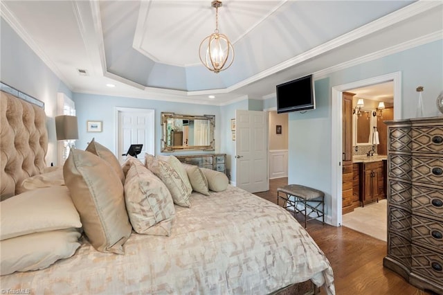 4607 Eden Bridge Dr, Kernersville, NC 27284 - bedroom featuring a chandelier, wood finished floors, ornamental molding, a raised ceiling, and ensuite bathroom