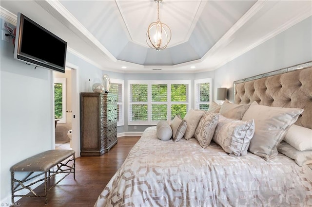 4607 Eden Bridge Dr, Kernersville, NC 27284 - bedroom featuring a raised ceiling, wood finished floors, ornamental molding, and a chandelier