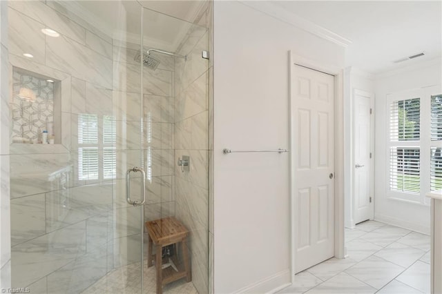 4607 Eden Bridge Dr, Kernersville, NC 27284 - bathroom featuring ornamental molding and a shower stall