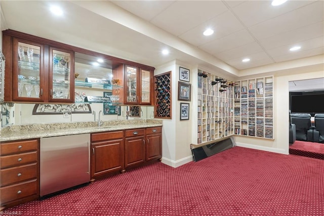 4607 Eden Bridge Dr, Kernersville, NC 27284 - indoor wet bar featuring dishwashing machine, dark colored carpet, and recessed lighting