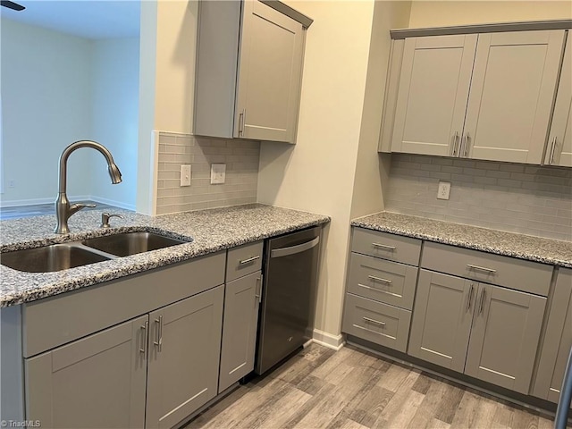 2607 Pennoak Way Unit H, Greensboro, NC 27407 - kitchen with stainless steel dishwasher, gray cabinets, light wood-style floors, decorative backsplash, and light stone counters