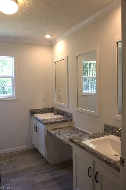 bathroom with vanity, wood-type flooring, a textured ceiling, and crown molding