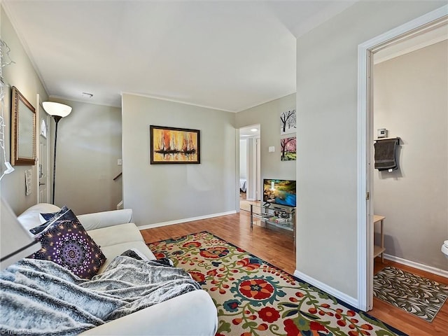 living area featuring ornamental molding, baseboards, and wood finished floors