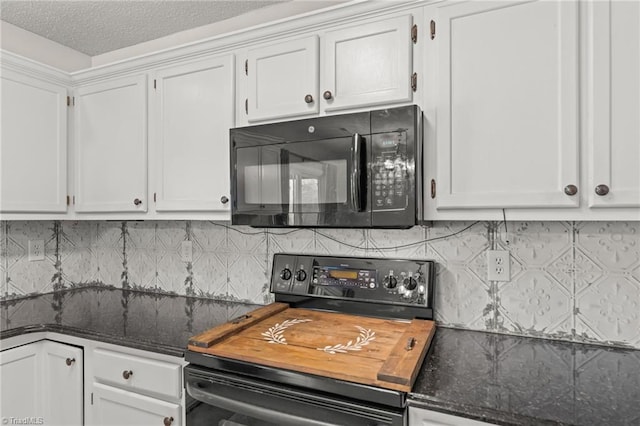 kitchen featuring black appliances, white cabinets, a textured ceiling, decorative backsplash, and dark stone counters