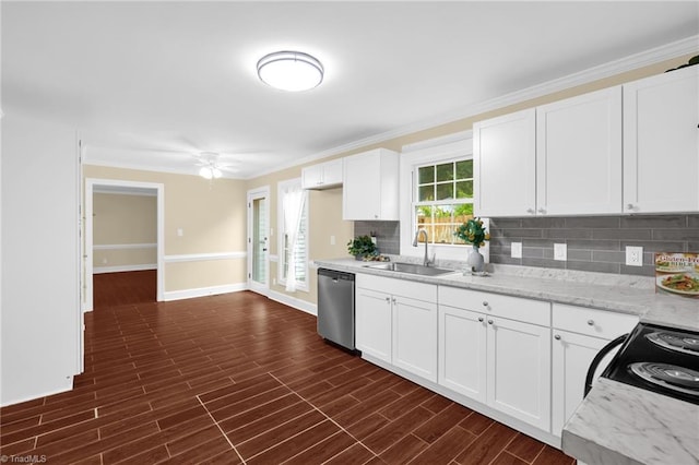 2305 Hunters Ridge Dr, Pleasant Garden, NC 27313 - kitchen with a sink, stainless steel dishwasher, tasteful backsplash, baseboards, and white cabinetry