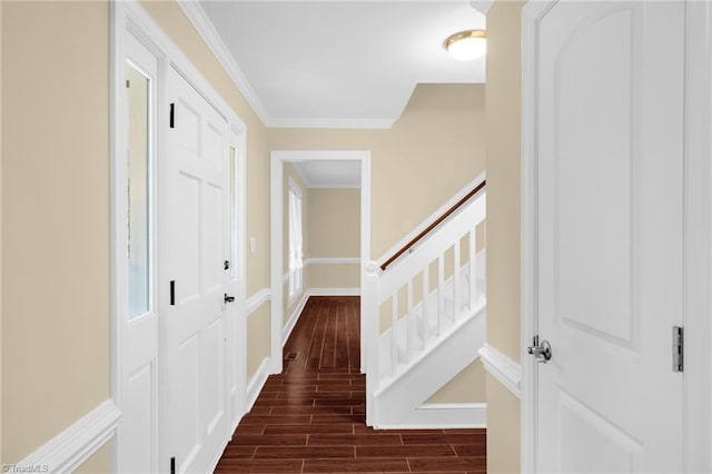 2305 Hunters Ridge Dr, Pleasant Garden, NC 27313 - entrance foyer with dark wood-style floors, crown molding, stairway, and baseboards