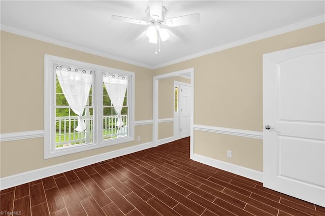 2305 Hunters Ridge Dr, Pleasant Garden, NC 27313 - spare room featuring baseboards, ornamental molding, ceiling fan, and dark wood finished floors