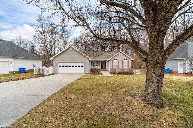 single story home featuring a garage and a front yard